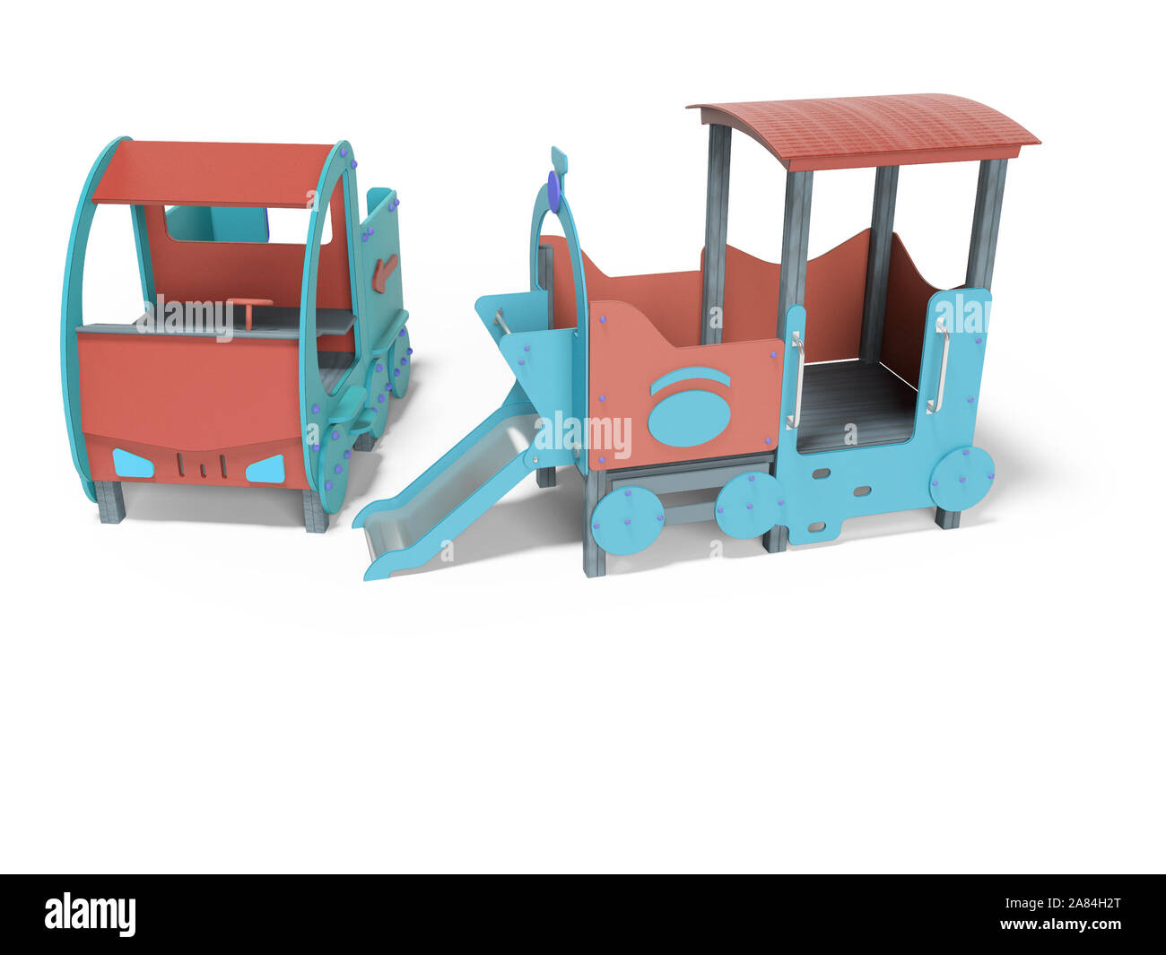 Red blue car and train playground for kids with slide view perspective