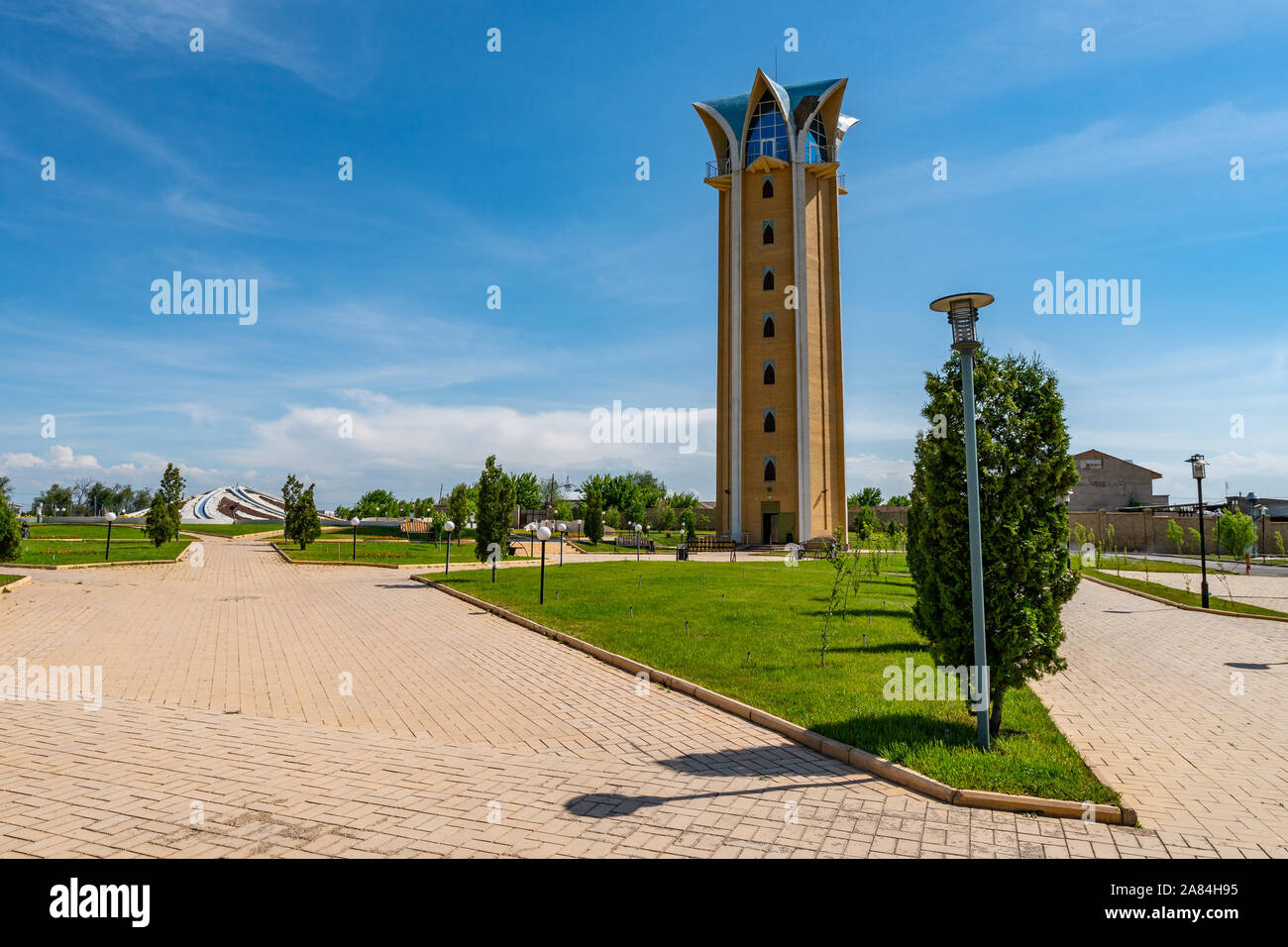 Archaeological Park Ancient Taraz Folk Ensemble of Kazakhstan Building with Tower on a Sunny Blue Sky Day Stock Photo