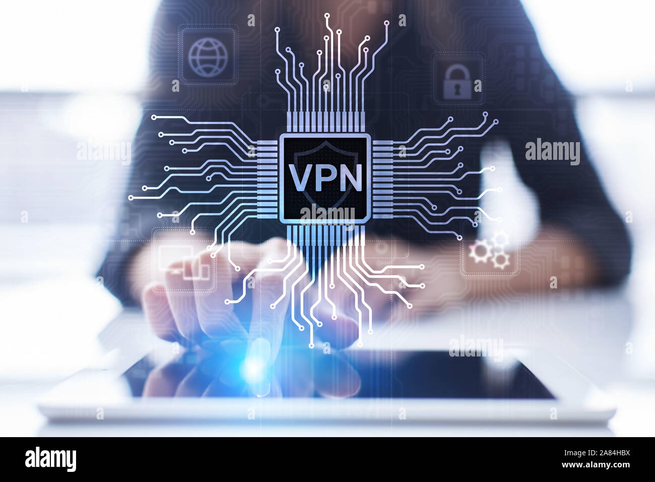 VPN virtual private network internet access security ssl proxy anonymizer technology concept button on virtual screen Stock Photo