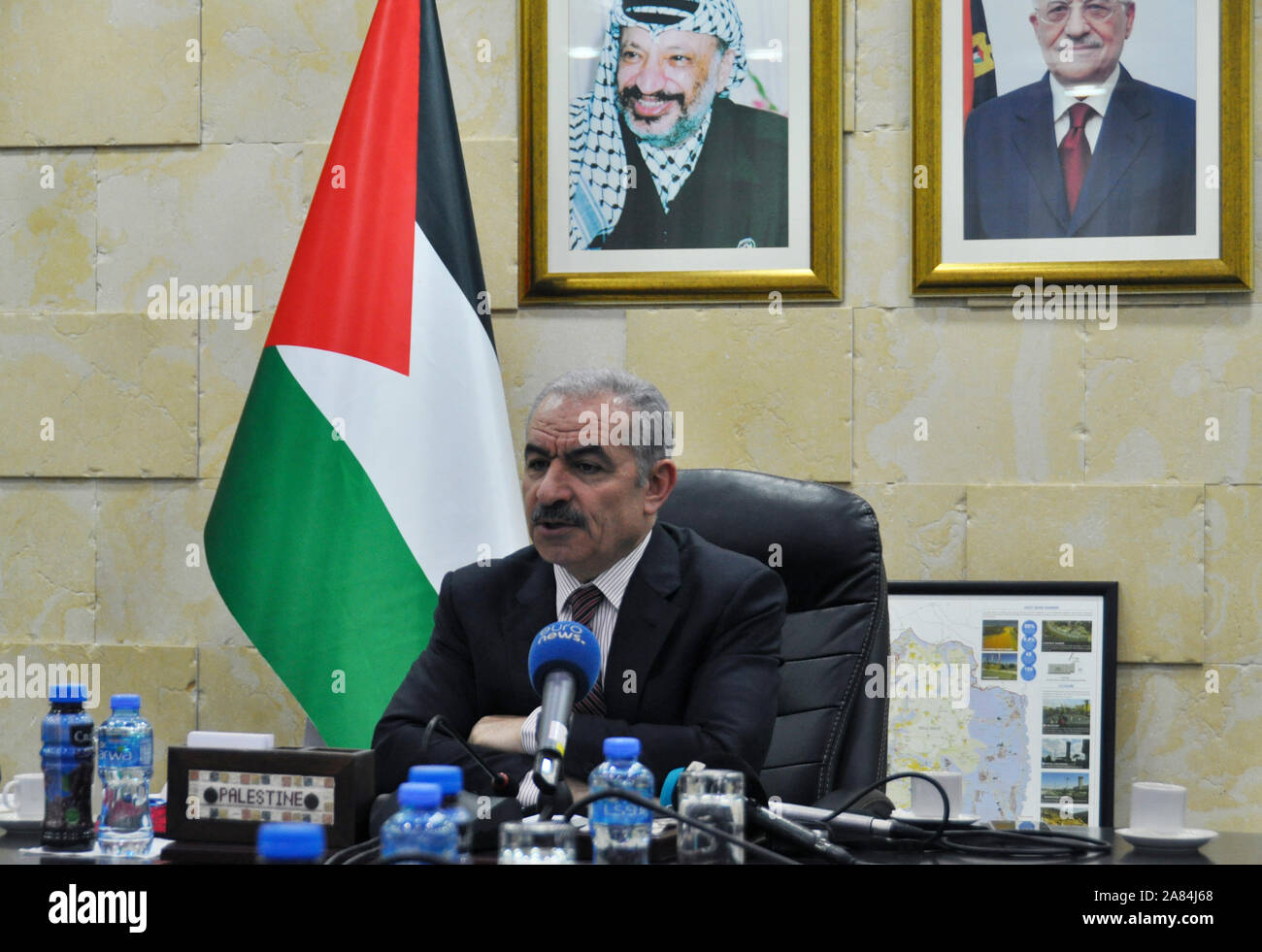 Ramallah, Palestinian Territory, Occupied. 29th Oct, 2019. Prime Minister of Palestine Mohammad Shtayyeh speaks with journalists during the press conference in Ramallah, Palestine, October 29, 2019. Credit: Eliska Naegele/CTK Photo/Alamy Live News Stock Photo