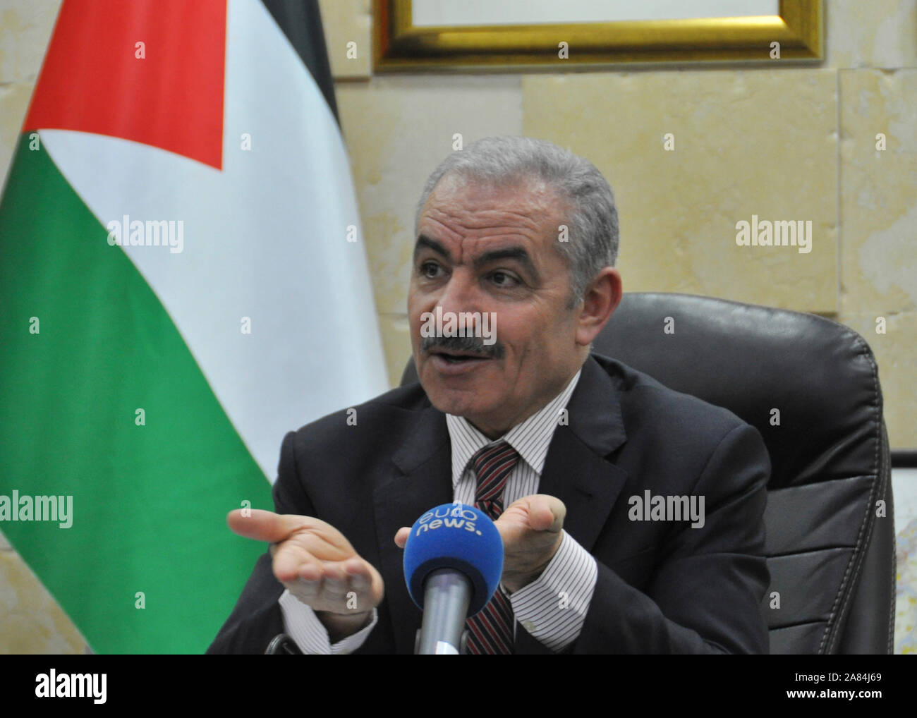 Ramallah, Palestinian Territory, Occupied. 29th Oct, 2019. Prime Minister of Palestine Mohammad Shtayyeh speaks with journalists during the press conference in Ramallah, Palestine, October 29, 2019. Credit: Eliska Naegele/CTK Photo/Alamy Live News Stock Photo