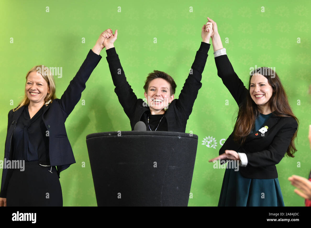 Green Party Co-Leader Sian Berry (left), Deputy Leader and Parliamentary Candidate for Newport West Amelia Womack (right), and Bristol West Candidate Carla Denyer (centre) at the launch of the party's general election manifesto in Bristol. Stock Photo
