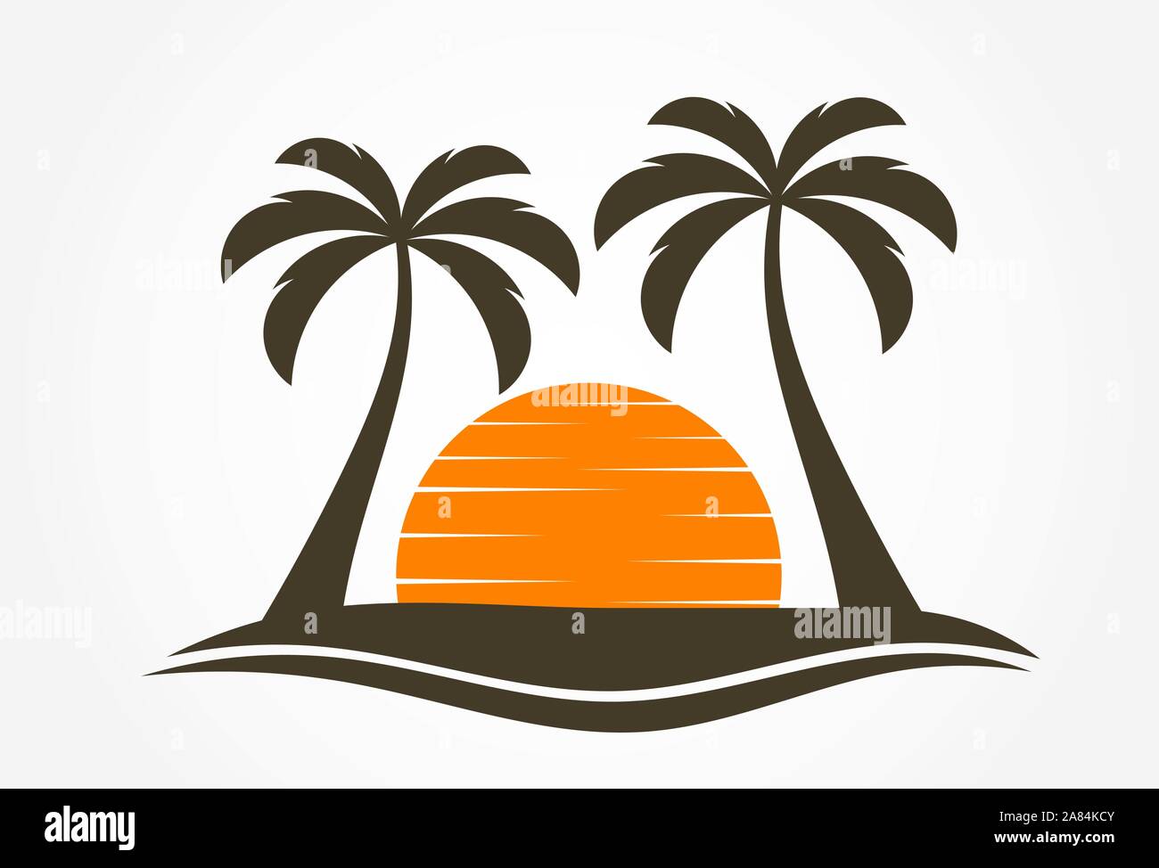 Palm trees and sun setting over island. Vector illustration Stock Vector