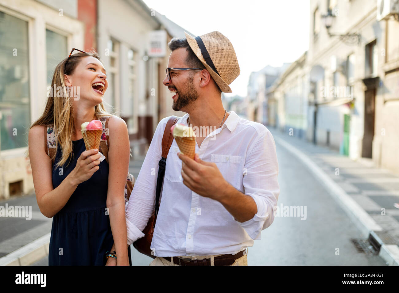 Romantic beauty portrait of happy hipster couple in love hugs and having fun Stock Photo