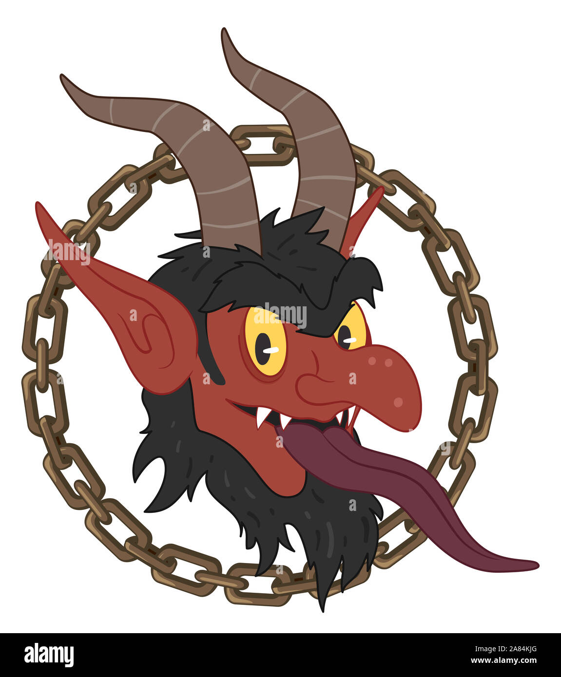 Illustration of the Face of Krampus of Austria with Horn and Long Tongue with Chains Around It Stock Photo