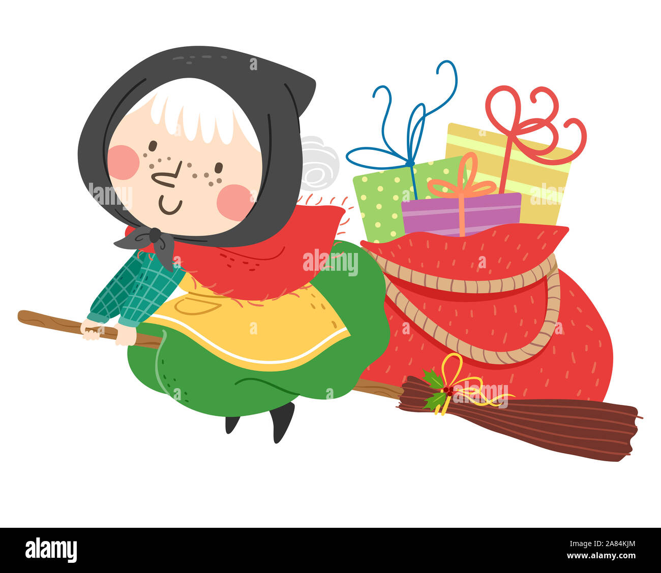 Illustration of an Old Witch Flying and Riding a Broom with a Bag Full Gifts for Christmas Stock Photo