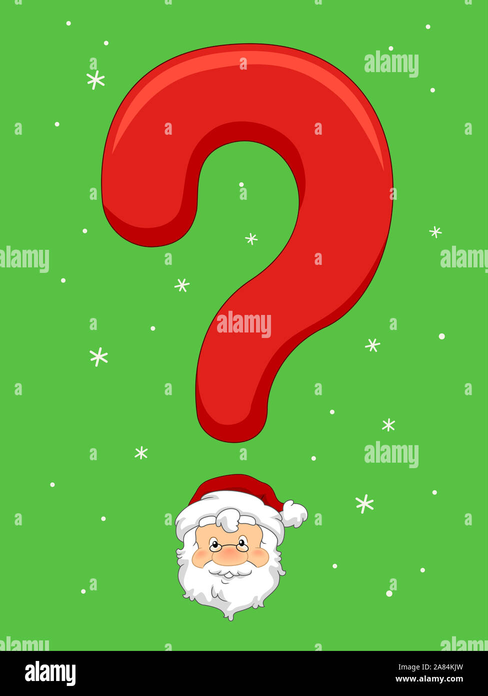 Illustration of a Question Mark with Santa Claus Head and Snowflakes Stock Photo