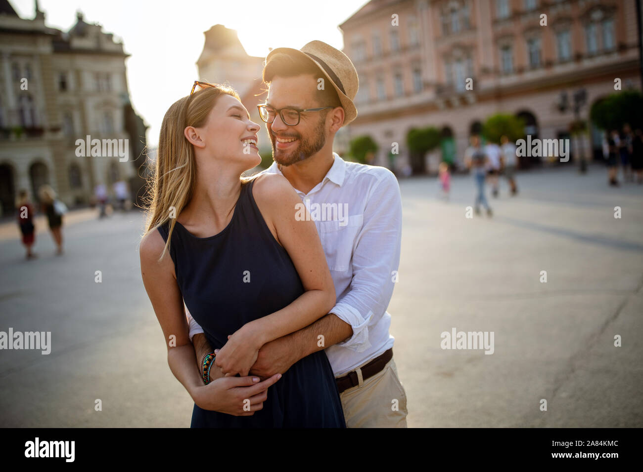 Happy tourist couple in love having fun, travel, smiling on vacation Stock Photo