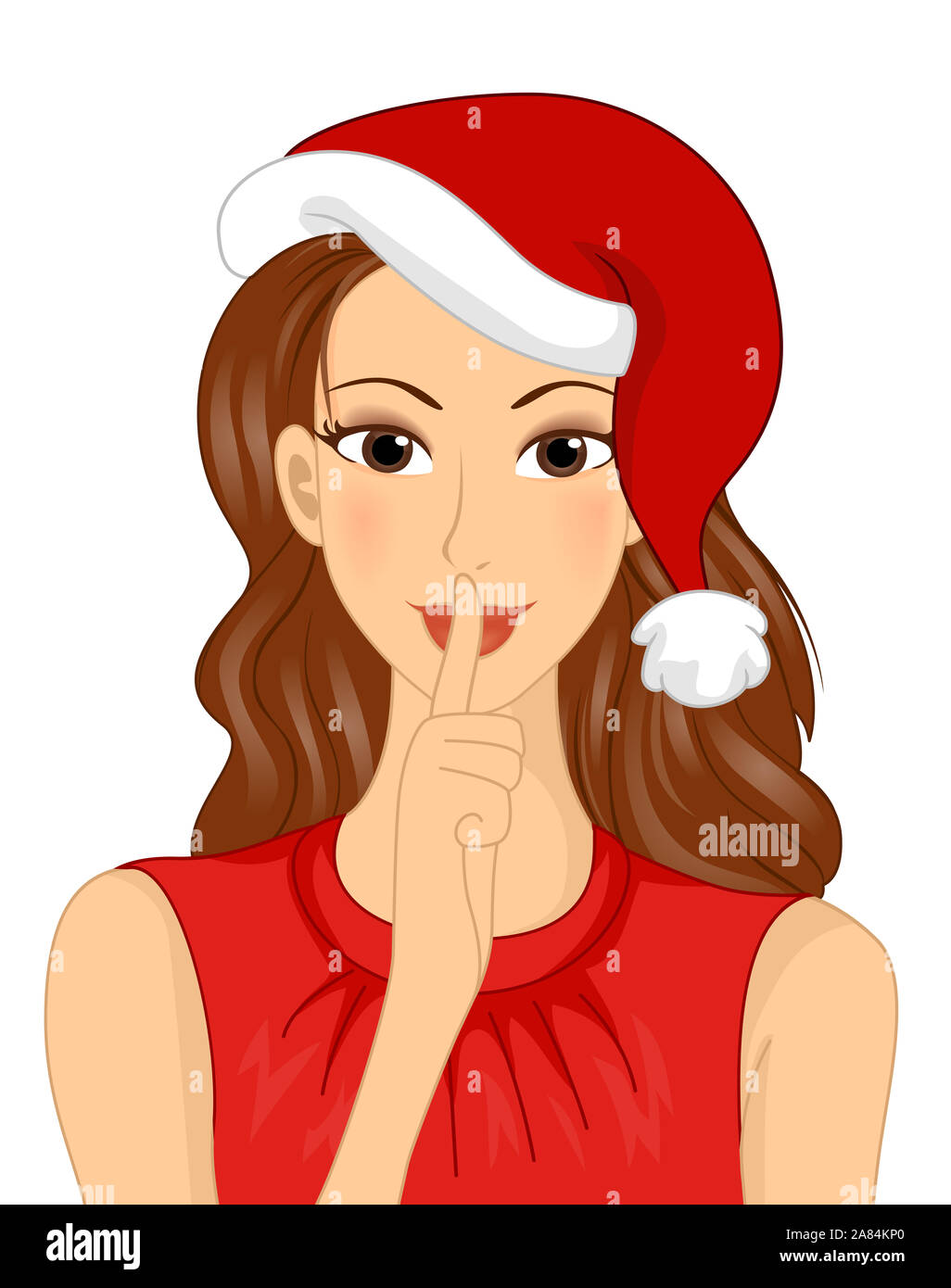 Illustration of a Girl Wearing Santa Claus Hat and Gesturing Quiet or Secret Stock Photo