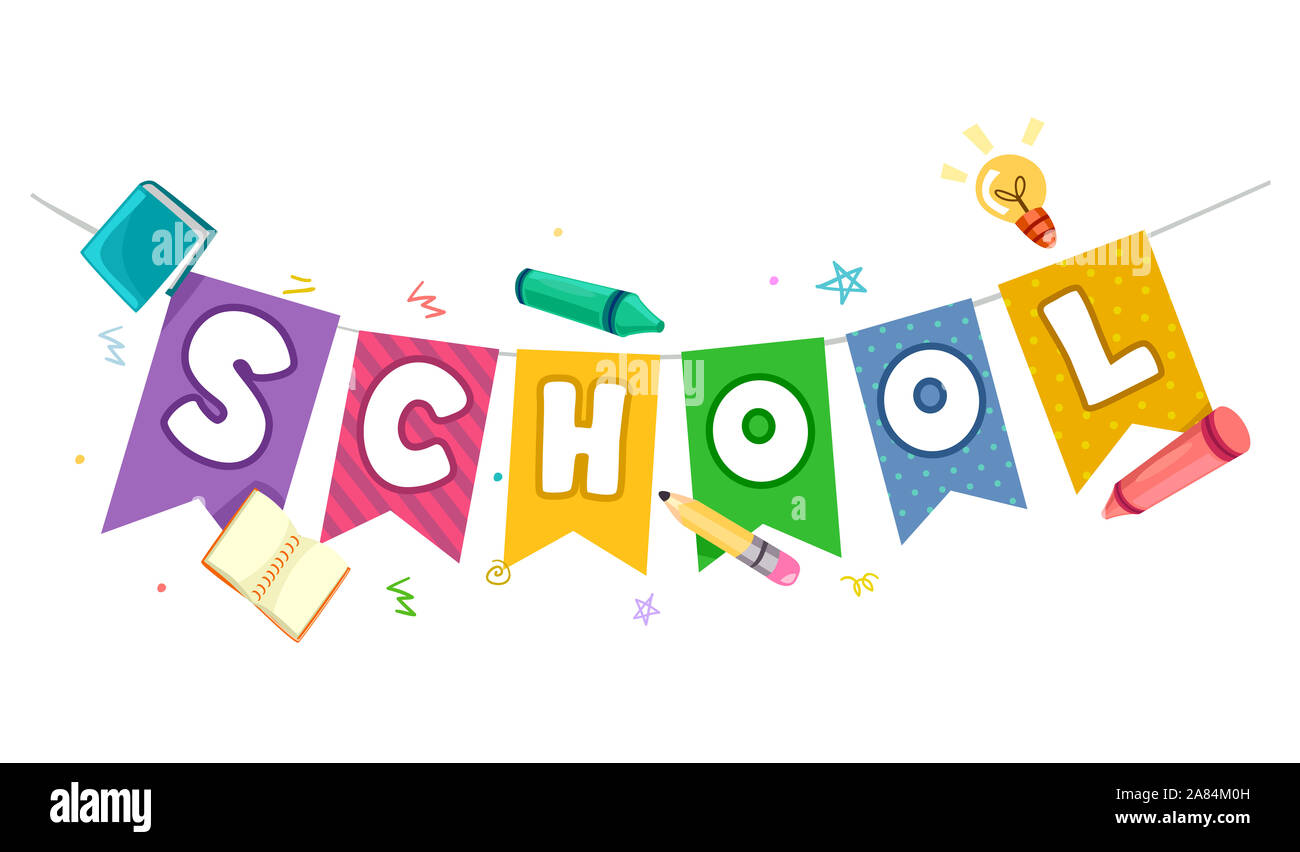 Illustration of School Lettering Bunting with School Supplies from Book, Crayons, Pencil and Light Bulb Stock Photo