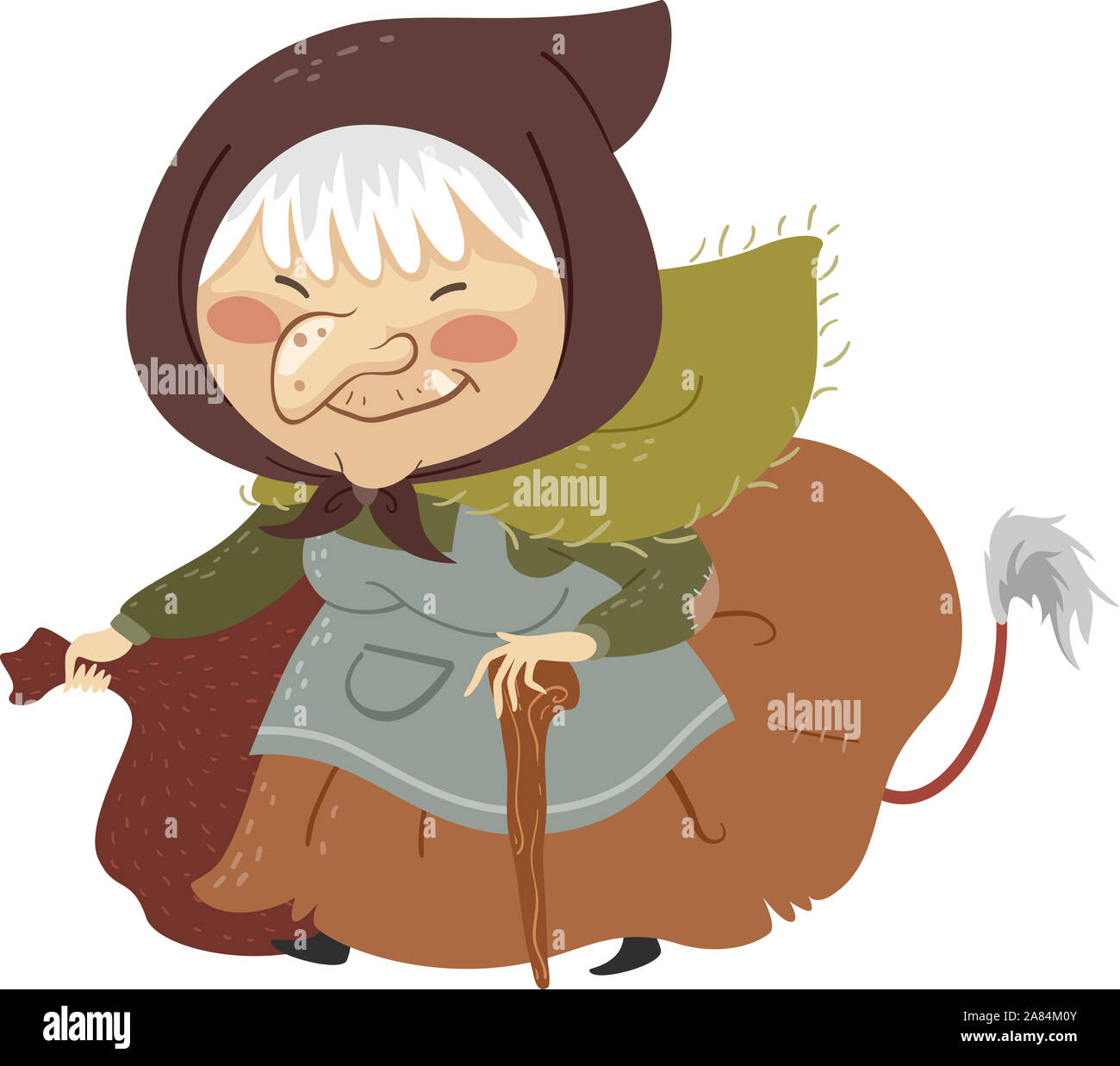 Illustration of Icelandic Christmas Cannibal Gryla with Long Nose and Tail Wearing Old Headscarf Holding a Sack Bag and Using Walking Stick to Walk Stock Photo