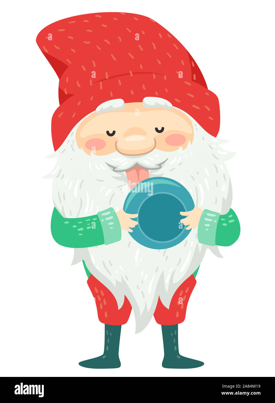 Illustration of a Cute Icelandic Bowl Licker Yule Lad in Iceland with Long White Beard and Mustache Wearing Red Bonnet Holding and Licking the Bowl Stock Photo