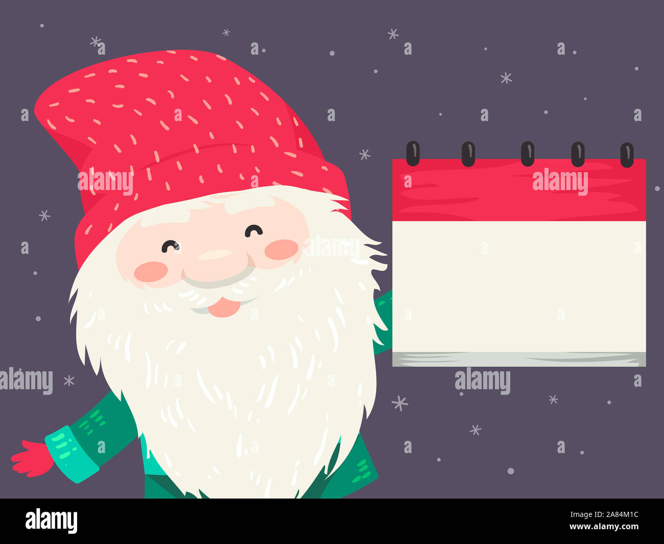 Illustration of an Icelandic Yule Lad with Long White Beard and Mustache Wearing Red Bonnet Holding a Blank Calendar Stock Photo