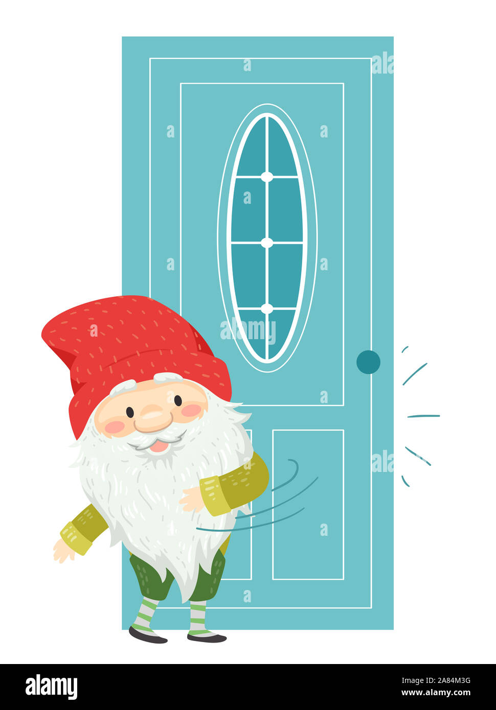 Illustration of Icelandic Yule Lad with Long White Beard and Mustache Wearing Red Bonnet Loudly Slamming Door Shut Stock Photo