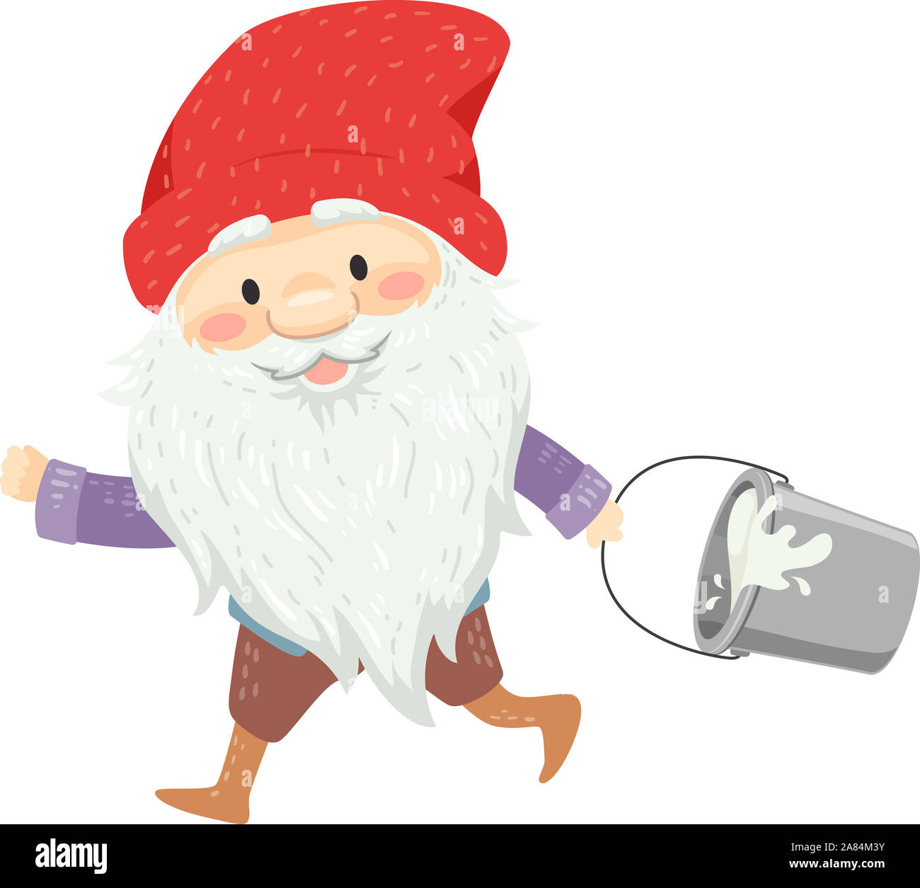 Illustration of an Icelandic Yule Lad with Long White Beard and Mustache Wearing Red Bonnet Carrying a Bucket of Milk from the Cowshed Stock Photo