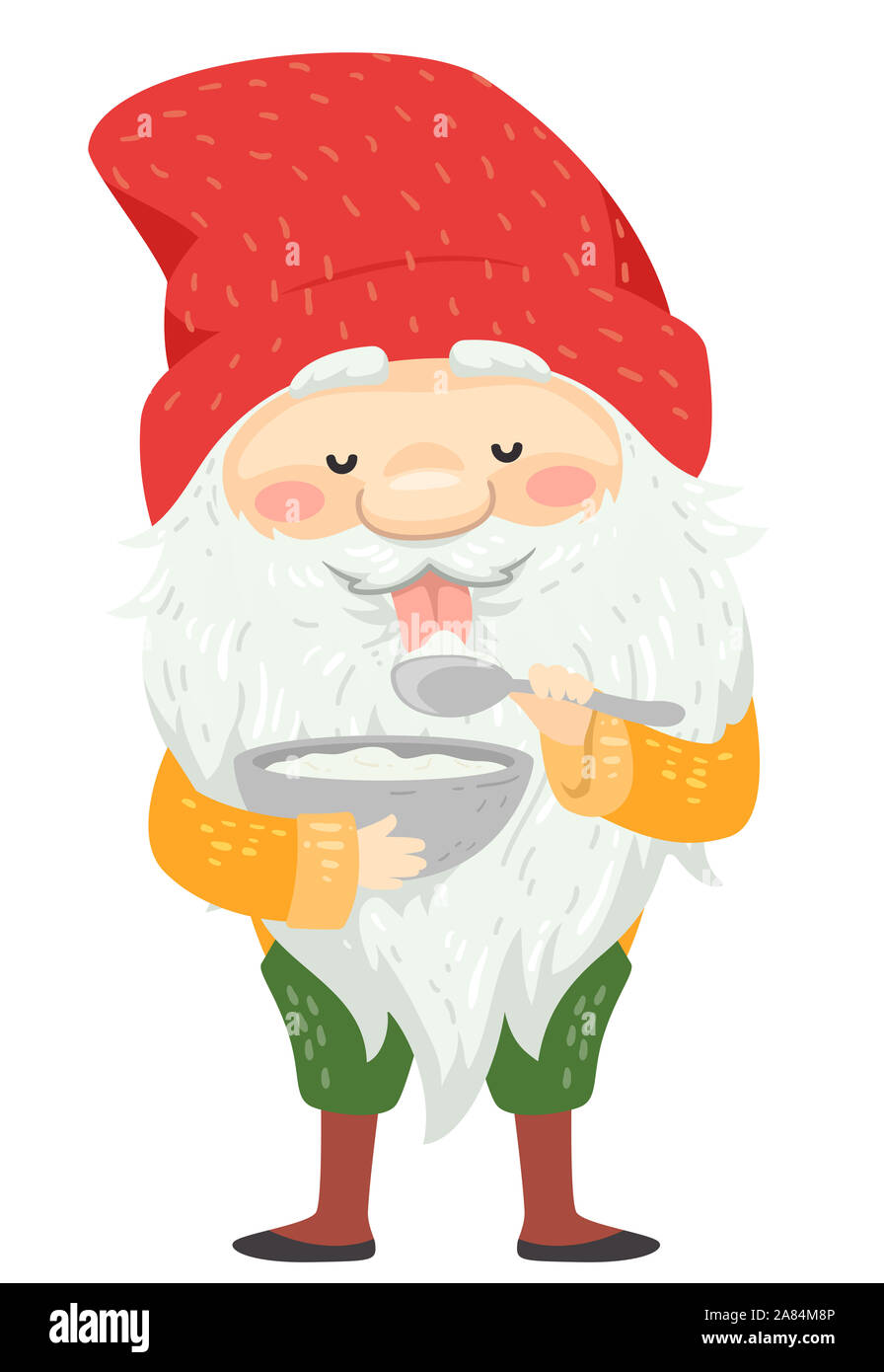 Illustration of an Icelandic Yule Lad with Long White Beard and Mustache Wearing Red Bonnet Licking Skyr Off a Spoon and Holding a Bowl Full of It Stock Photo