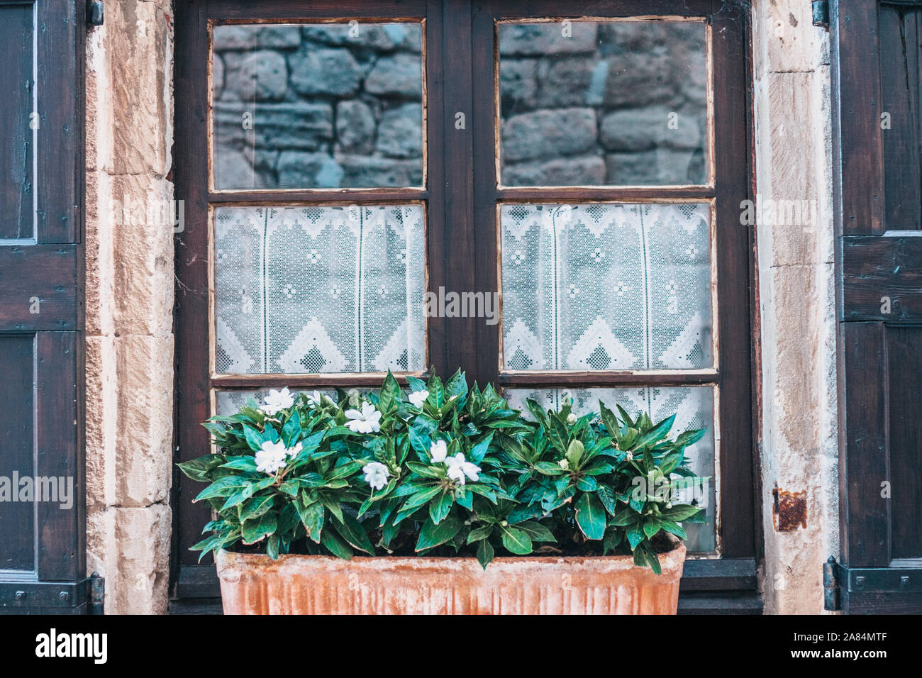 Old vintage wooden window with curtains and flower pots Stock Photo - Alamy