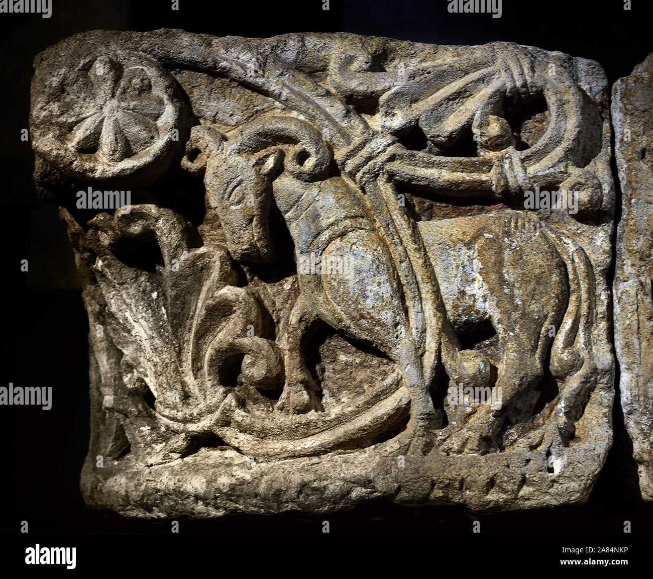 Capital , Gemini, Capricorn, Aries on the first complete block, Taurus and Pisces on the second block (fragmentary), Abbey church of Sainte-Geneviève in Paris 1100 AD Cluny Museum - National Museum of the Middle Ages, Paris, France, French. Stock Photo