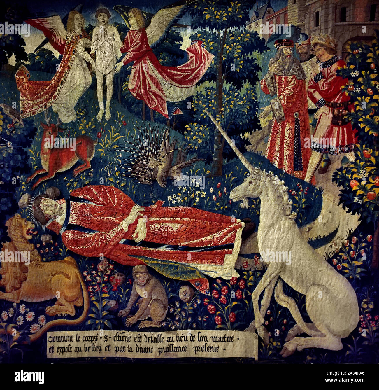St Stephen's wall hanging, Wild animals pay their respects to the body of St Stephen. Tapestry with woollen and silk thread 1500 15th Cent from The lady and the unicorn series. wool and silk, Cluny Museum - ,Paris,National Museum of the Middle Ages, France, french. Stock Photo