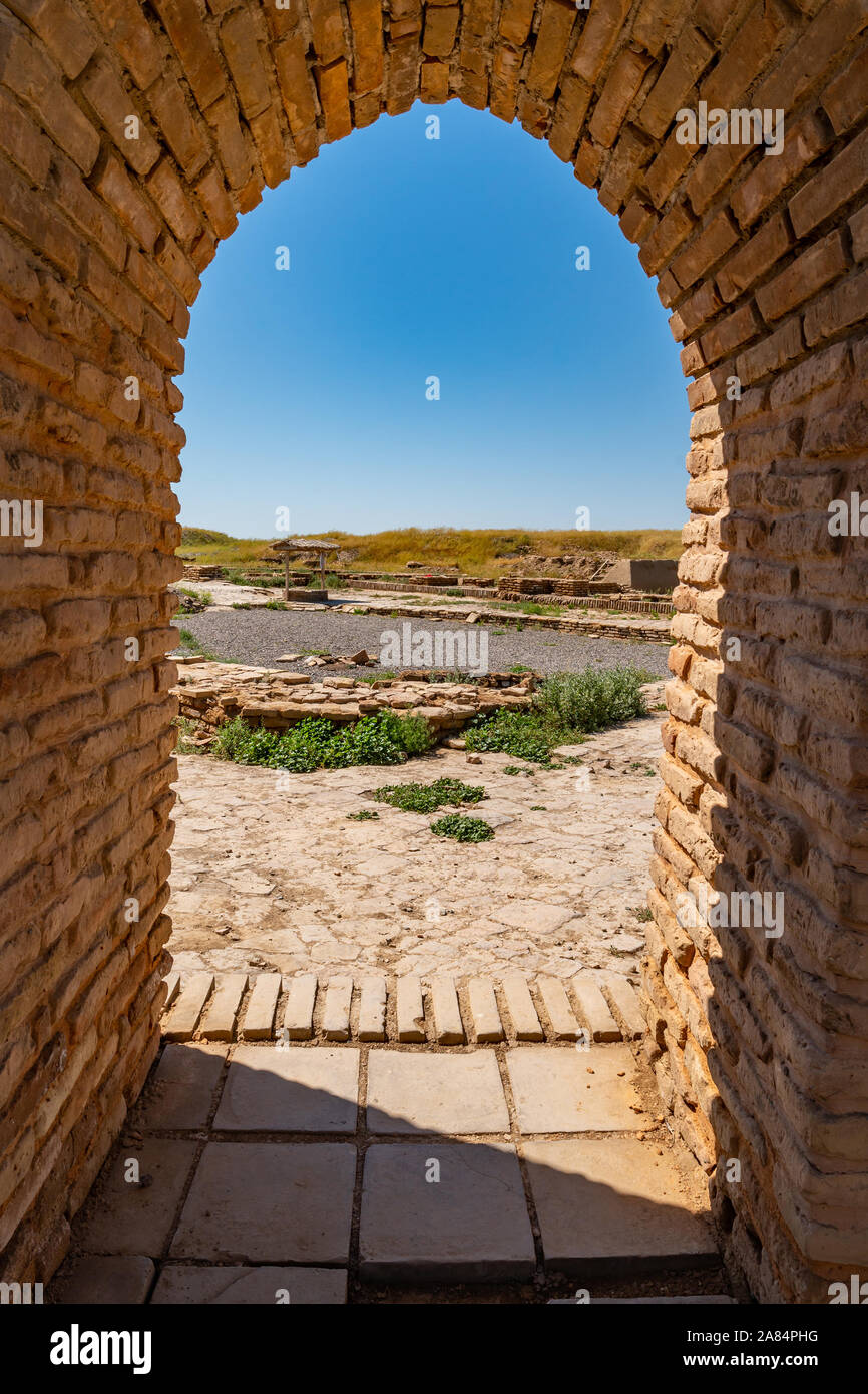 Turkestan Sauran Walled City Picturesque Breathtaking View of the Archeological Site on a Sunny Blue Sky Day Stock Photo