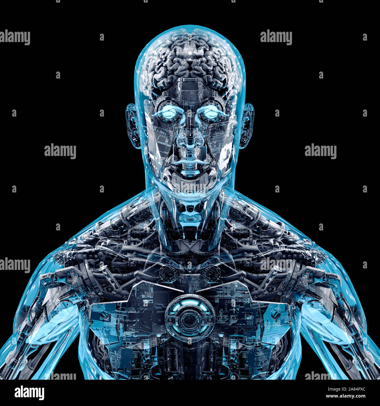 Digital mind reloaded / 3D illustration of futuristic glass science fiction male humanoid cyborg composed of complex machinery Stock Photo