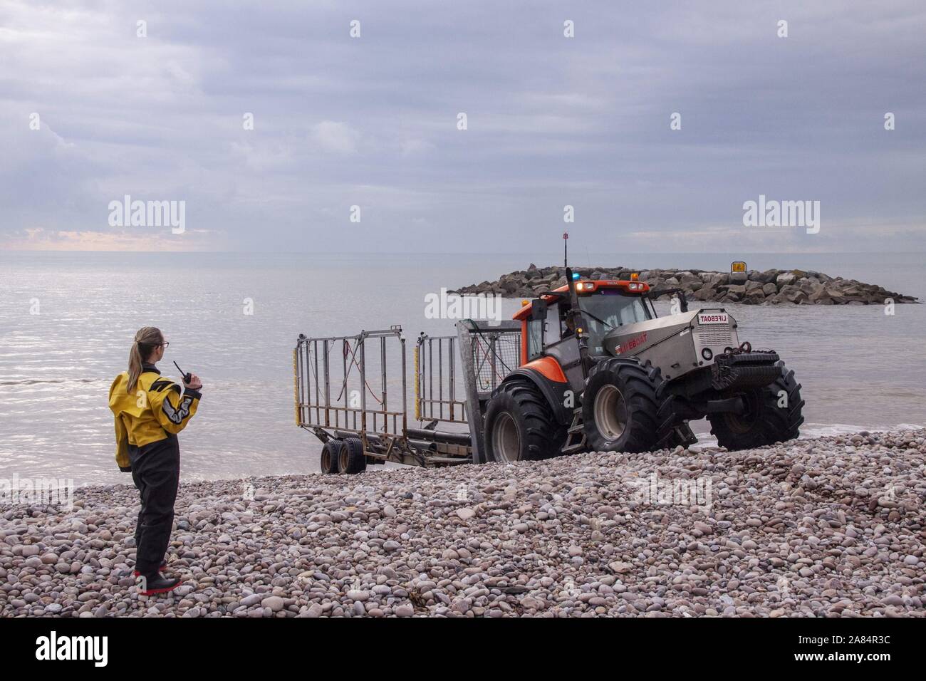 Sidmouth, Devon, 6th Nov 2019 Sidmouth lifeboat launch to assist at an incident where a car was reportedly driven over a cliff at a remote spot to the west of the seaside town. Photo Central/Alamy Live News Stock Photo