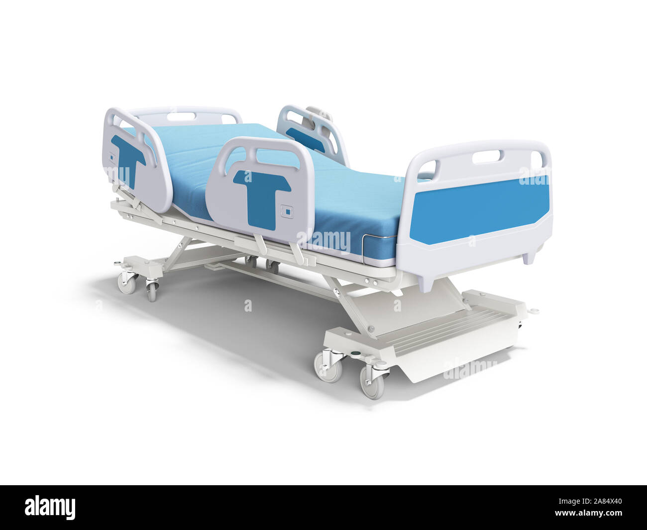 Blue hospital bed with lifting mechanism on standalone control panel