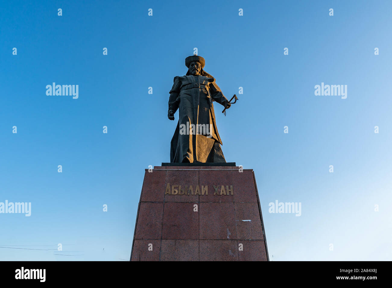 Turkestan Picturesque Breathtaking View of Abylai Khan Statue on a Sunny Blue Sky Day Stock Photo
