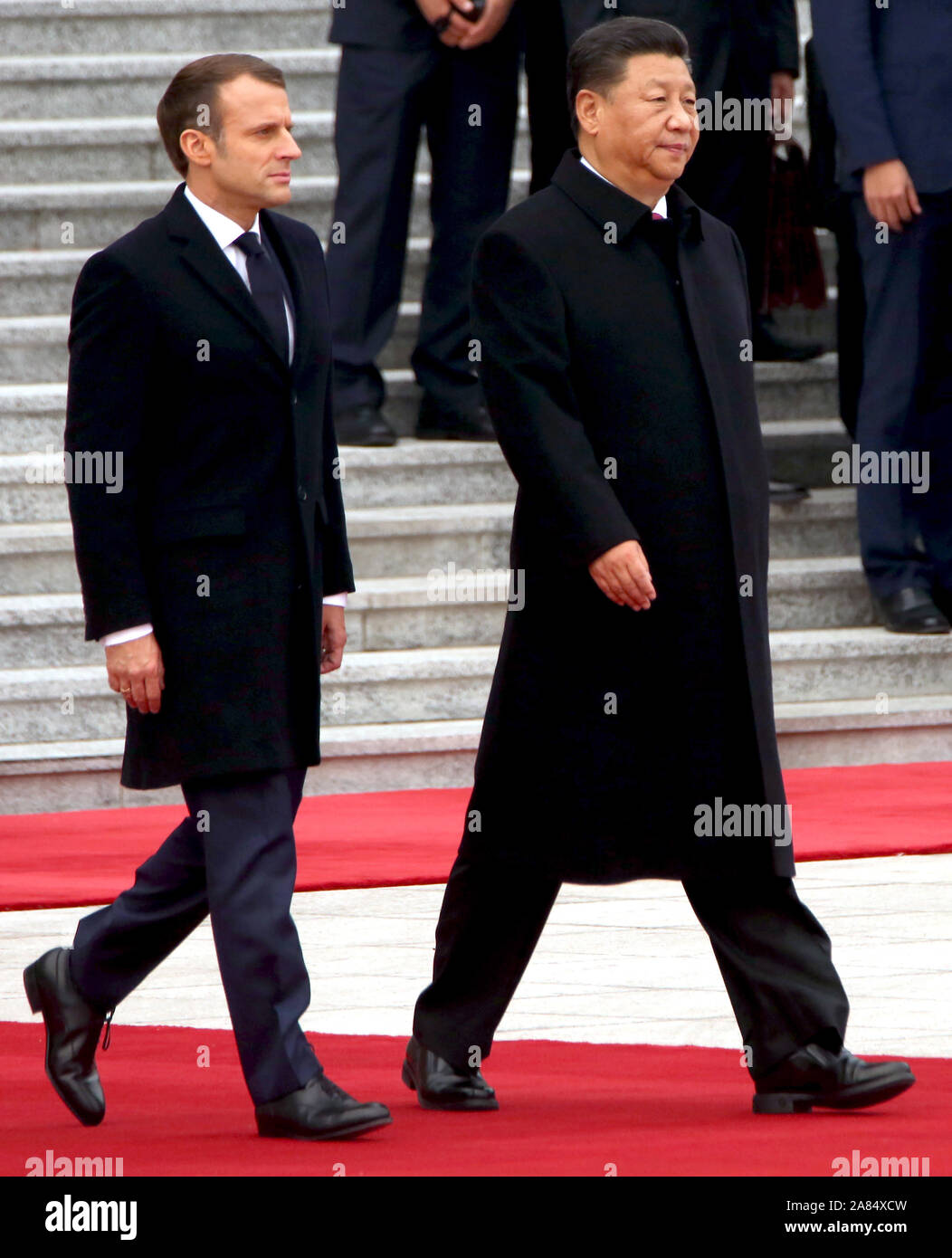 Beijing, China. 06th Nov, 2019. French President Emmanuel Macron (L)) and Chinese President Xi Jinping attend a welcoming ceremony at the Great Hall of the People in Beijing on Wednesday, November 6, 2019. After the ceremony, Xi said the two leaders had 'sent a strong signal to the world about steadfastly upholding multilateralism and free trade, as well as working together to build open economies.' Photo by Stephen Shaver/UPI Credit: UPI/Alamy Live News Stock Photo