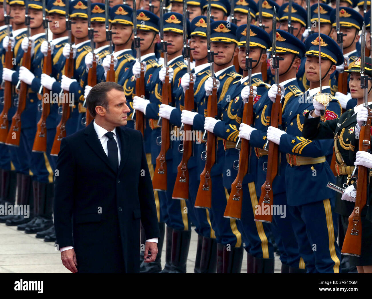 Beijing, China. 06th Nov, 2019. French President Emmanuel Macron attends a welcoming ceremony at the Great Hall of the People in Beijing on Wednesday, November 6, 2019. After the ceremony, Xi said the two leaders had 'sent a strong signal to the world about steadfastly upholding multilateralism and free trade, as well as working together to build open economies.' Photo by Stephen Shaver/UPI Credit: UPI/Alamy Live News Stock Photo