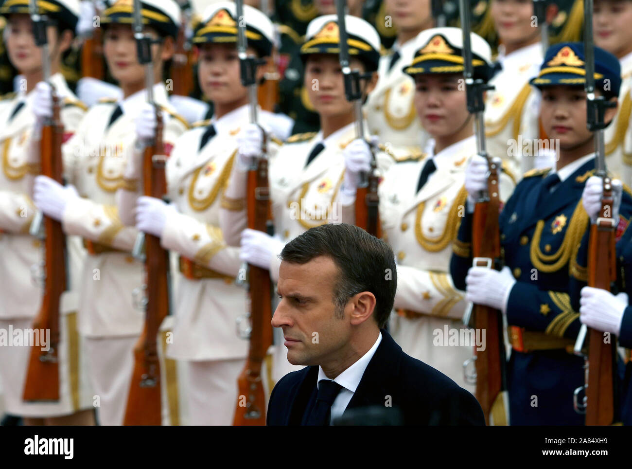 Beijing, China. 06th Nov, 2019. French President Emmanuel Macron attends a welcoming ceremony at the Great Hall of the People in Beijing on Wednesday, November 6, 2019. After the ceremony, Xi said the two leaders had "sent a strong signal to the world about steadfastly upholding multilateralism and free trade, as well as working together to build open economies." Photo by Stephen Shaver/UPI Credit: UPI/Alamy Live News Stock Photo