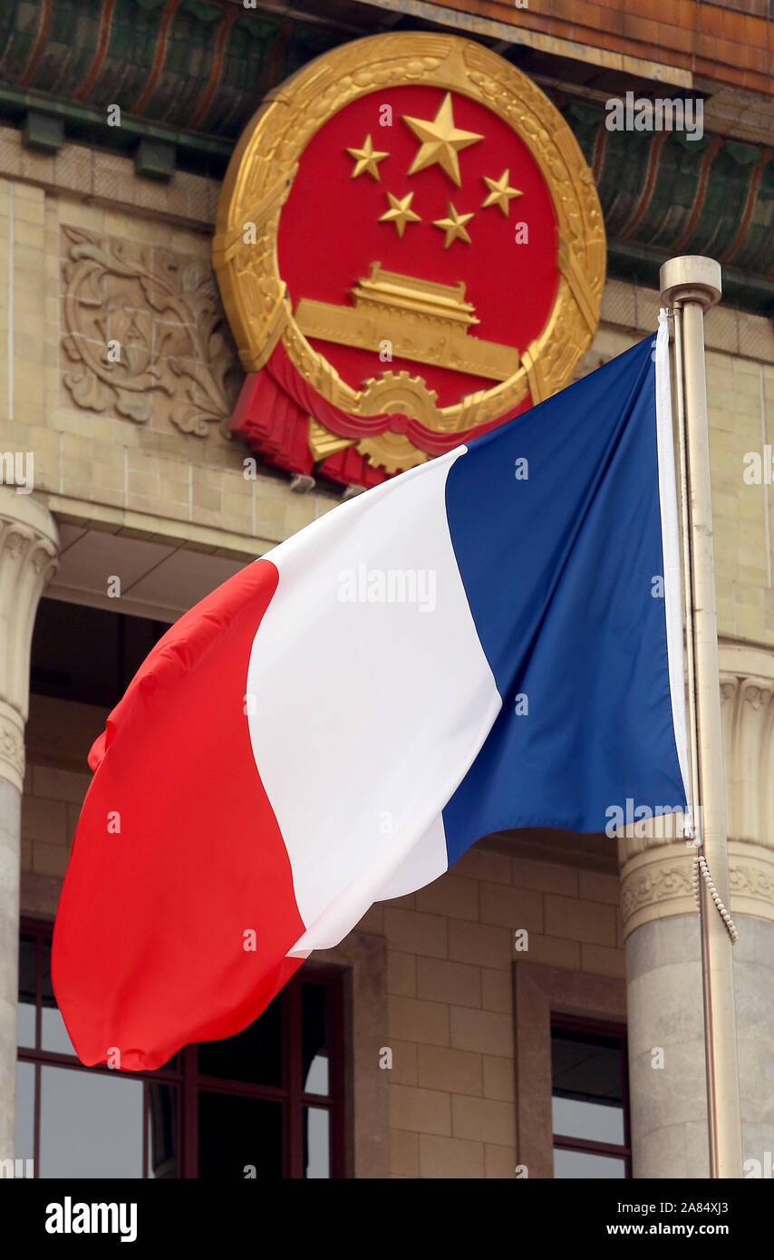 Beijing, China. 06th Nov, 2019. France's national flag flies in front of the Great Hall of the People in Beijing on Wednesday, November 6, 2019. After the ceremony, Xi said the two leaders had 'sent a strong signal to the world about steadfastly upholding multilateralism and free trade, as well as working together to build open economies.' Photo by Stephen Shaver/UPI Credit: UPI/Alamy Live News Stock Photo