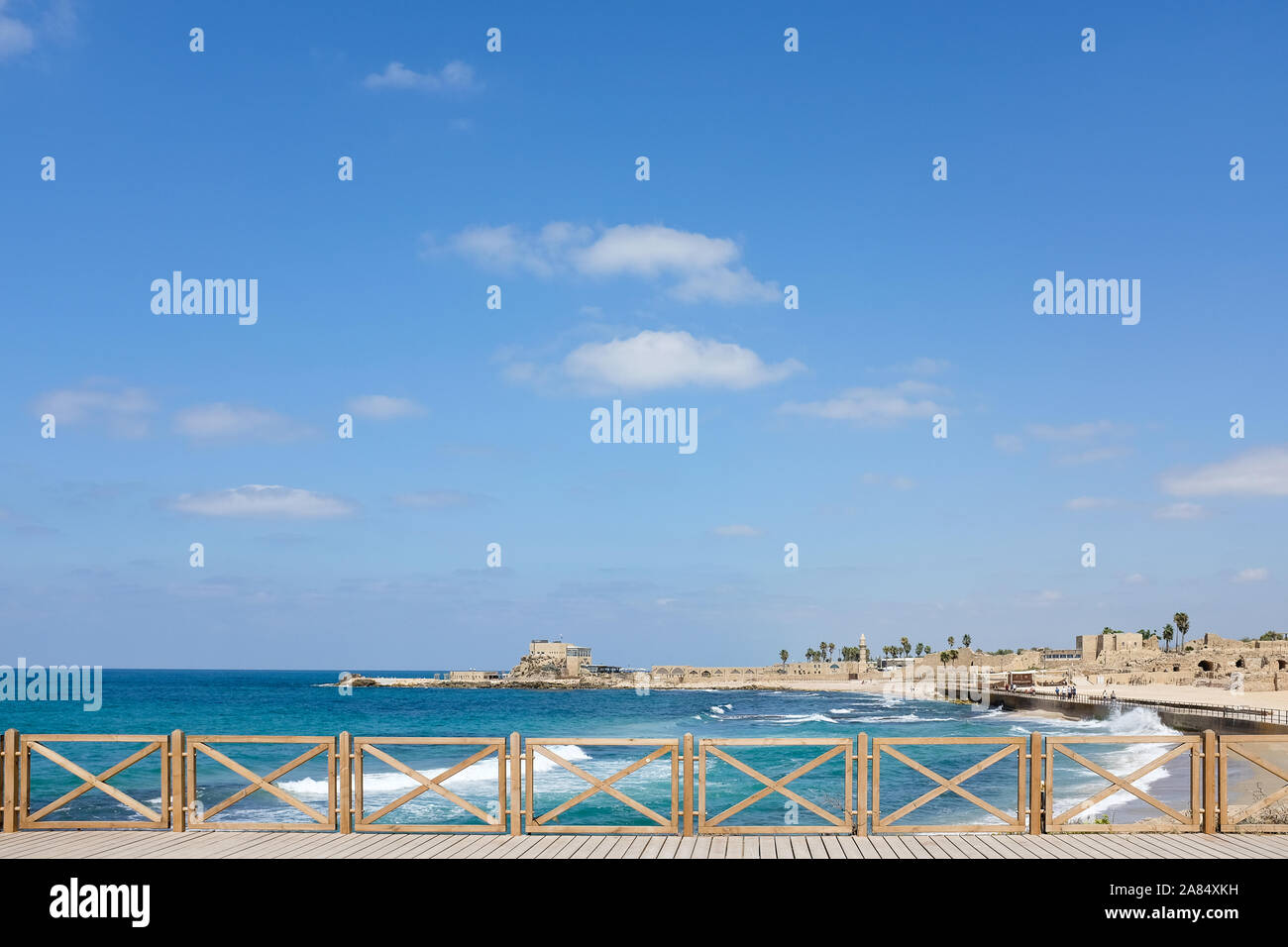 Wooden railings overlooking the sea at Caesarea Stock Photo