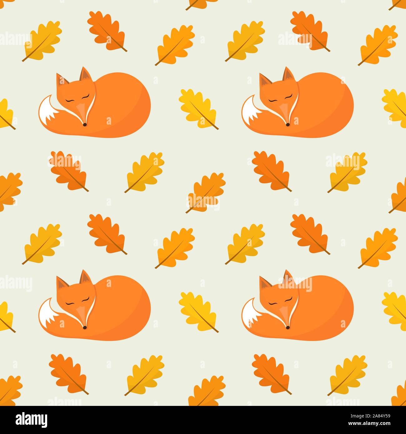 Fox and oak leaves autumn seamless pattern. Vector illustration. Stock Vector