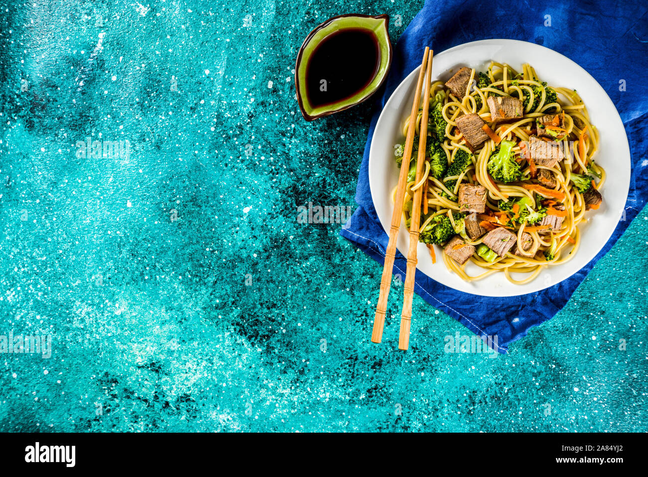 Asia food recipe. Chinese dish Beef Lo Mein Noodles with Carrots and