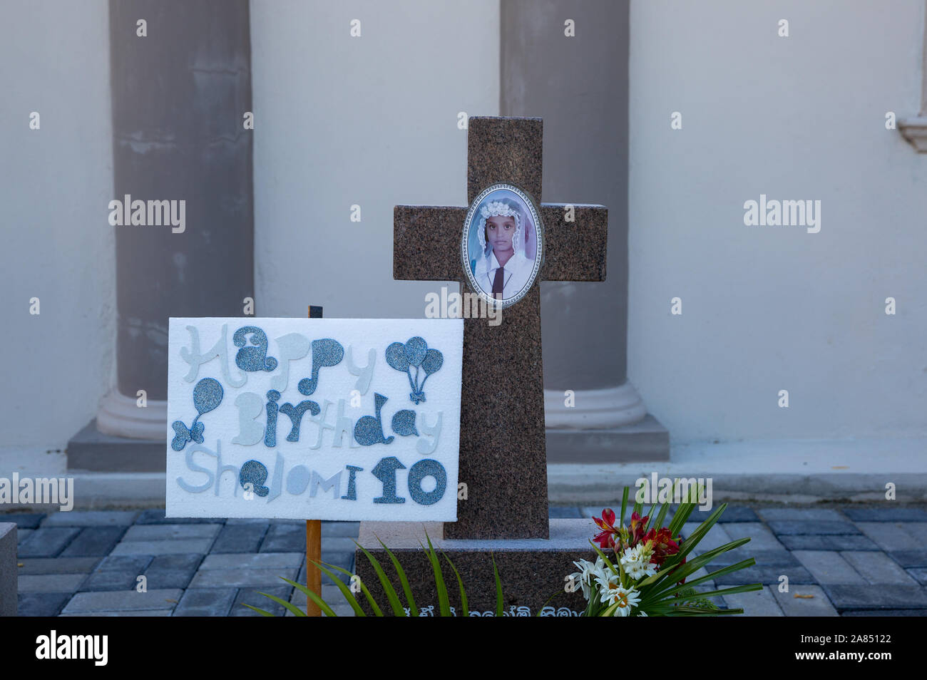 Memorial for the victims of the Easter bomb blast in 2018 at St. Sebastian's church Katuwapitiya Stock Photo