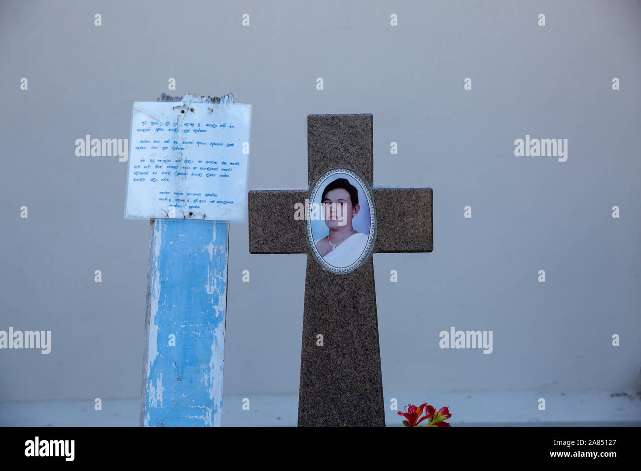 Memorial for the victims of the Easter bomb blast in 2018 at St. Sebastian's church Katuwapitiya Stock Photo