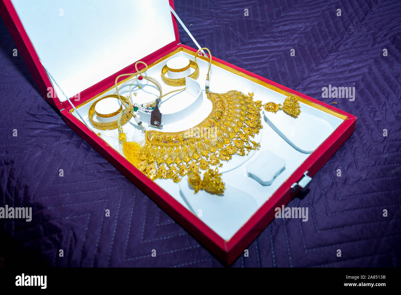 Bangladeshi Groom’s Wedding necklace and earring sets Close up image. Stock Photo