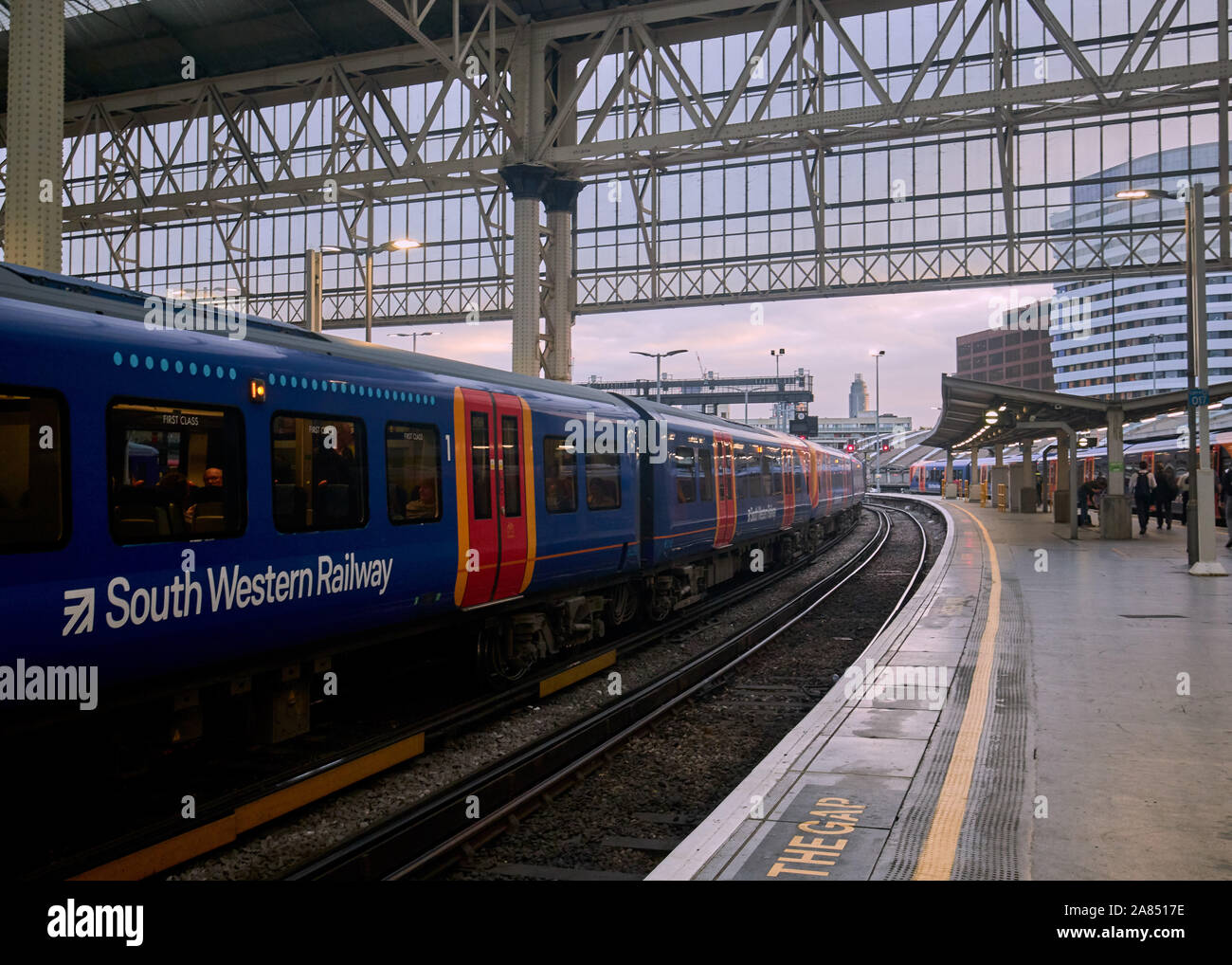 A South Western Railway train waiting at the platform at Waterloo station. Stock Photo