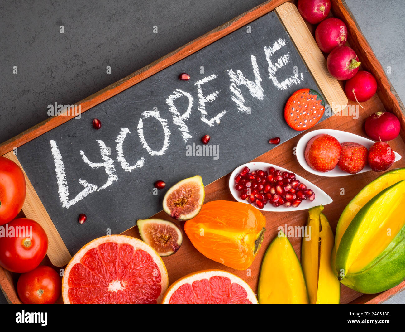 Fruits and vegetables containing lycopene. Healthy vegan food