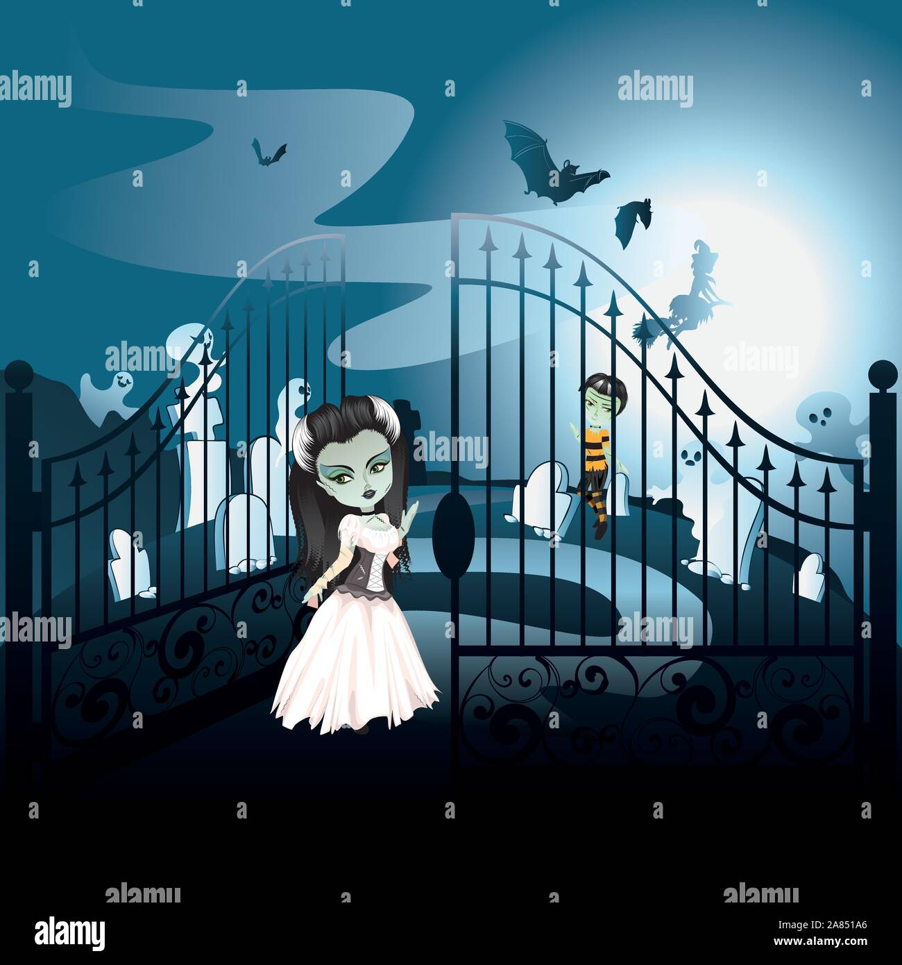 Halloween background with spooky old graveyard with iron gate. Stock Vector