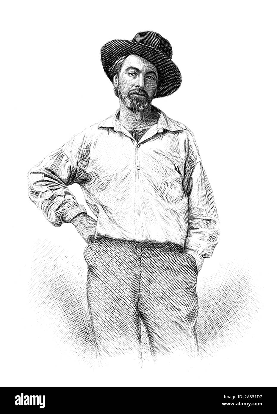 Vintage portrait of American poet, essayist and journalist Walt Whitman (1819 – 1892). Steel engraving circa 1854 by Samuel Hollyer, based on a lost daguerreotype by Gabriel Harrison. Image used as frontispiece in the 1855 first edition of Whitman’s “Leaves of Grass” poetry collection. Stock Photo