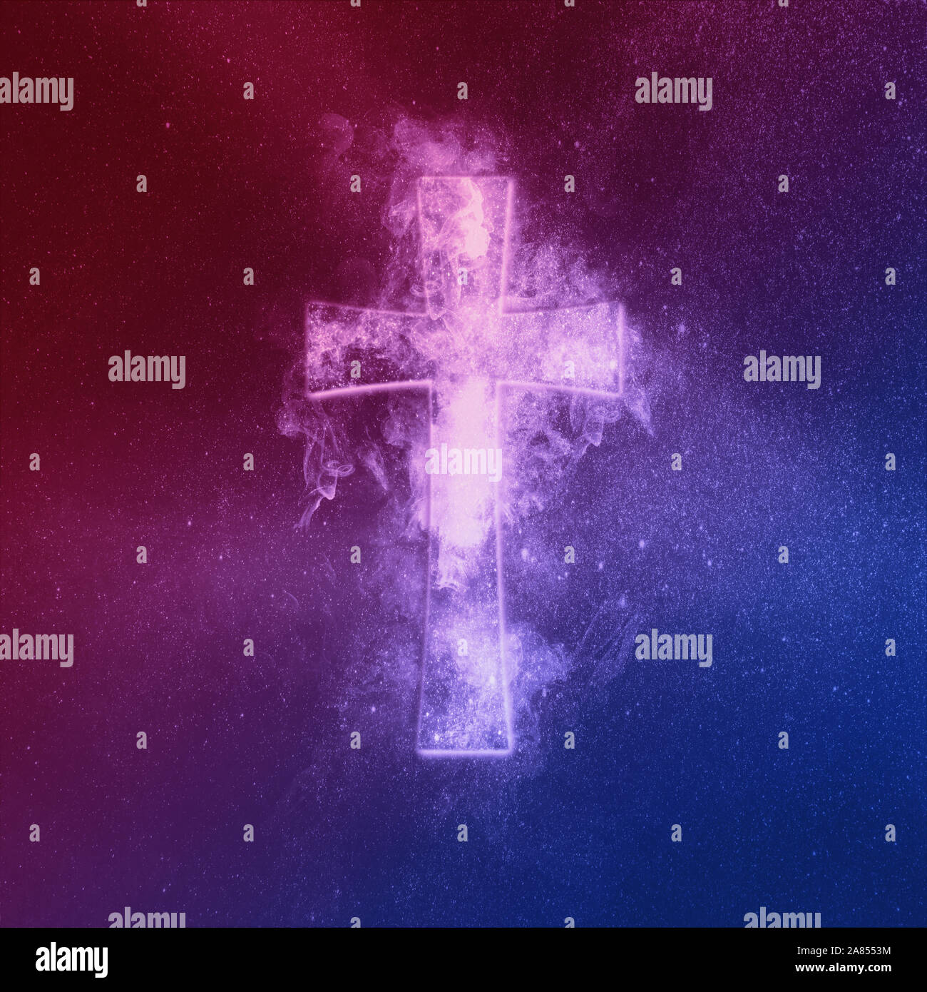 Christian cross symbol Red Blue. Abstract night sky background Stock Photo Alamy