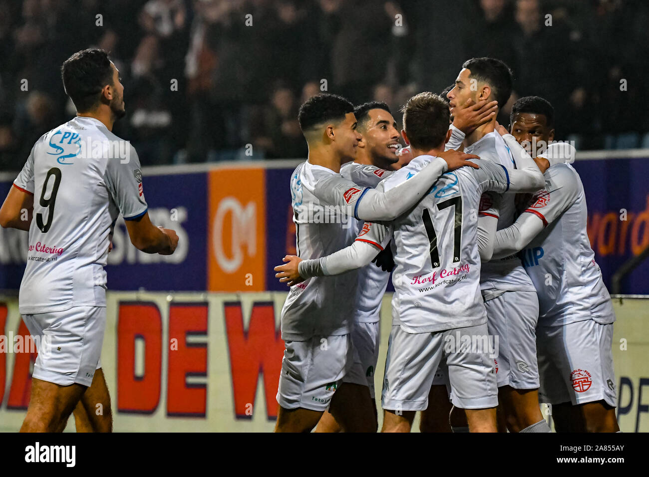 1 november 2019 Velsen, The Netherlands Soccer Dutch Keuken Kampioen Divisie Telstar v Jong FC Utrecht   Keuken Kampioen Divisie 2019-20120: L-R : Telstar 1-0, Reda Kharchouch player of SC Telstar , Benaissa Benamar Player of SC Telstar, Sven van Doorn player of SC Telstar Stock Photo