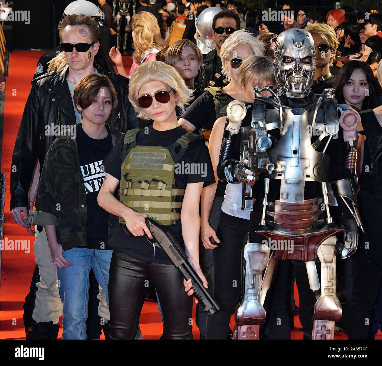 Tokyo, Japan. 06th Nov, 2019. Japanese cosplayer walk during the Japan premiere for the film 'Terminator: Dark Fate' in Tokyo, Japan on Wednesday, November 6, 2019. Actress Linda Hamilton and actor Arnold Schwarzenegger attend both together at event in Japan first time. This film open November 8 in Japan. Photo by MORI Keizo/UPI Credit: UPI/Alamy Live News Stock Photo