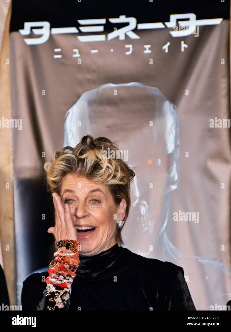 Tokyo, Japan. 06th Nov, 2019. Actress Linda Hamilton attends the Japan premiere for the film "Terminator: Dark Fate" in Tokyo, Japan on Wednesday, November 6, 2019. Hamilton and Schwarzenegger attend both together at event in Japan first time. This film open November 8 in Japan. Photo by MORI Keizo/UPI Credit: UPI/Alamy Live News Stock Photo