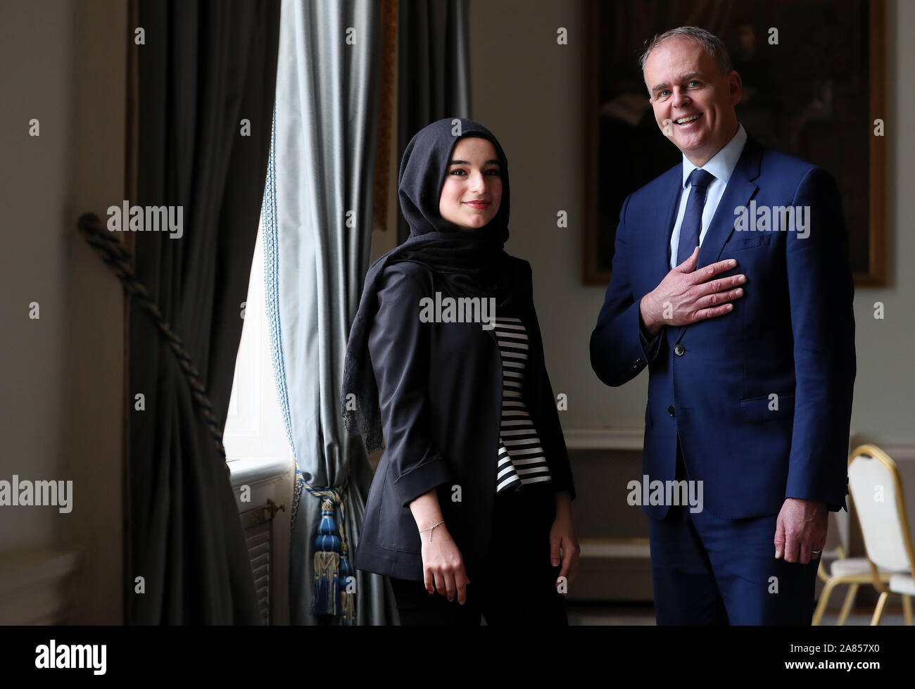 Minister for Education Joe McHugh with RCSI medical student Suaad Alshleh at the Royal College of Surgeons Ireland in Dublin. Suaad was presented with the inaugral Professor William C Campbell Bursary which recognises the work of the Donegal Nobel Prize winner. Stock Photo