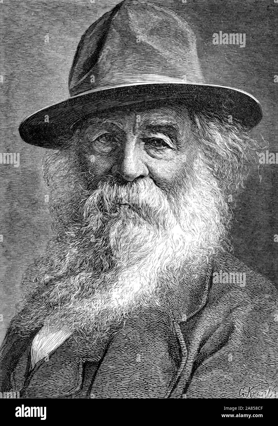 Vintage portrait of American poet, essayist and journalist Walt Whitman (1819 – 1892). Illustration circa 1886 by G Kruell. Stock Photo