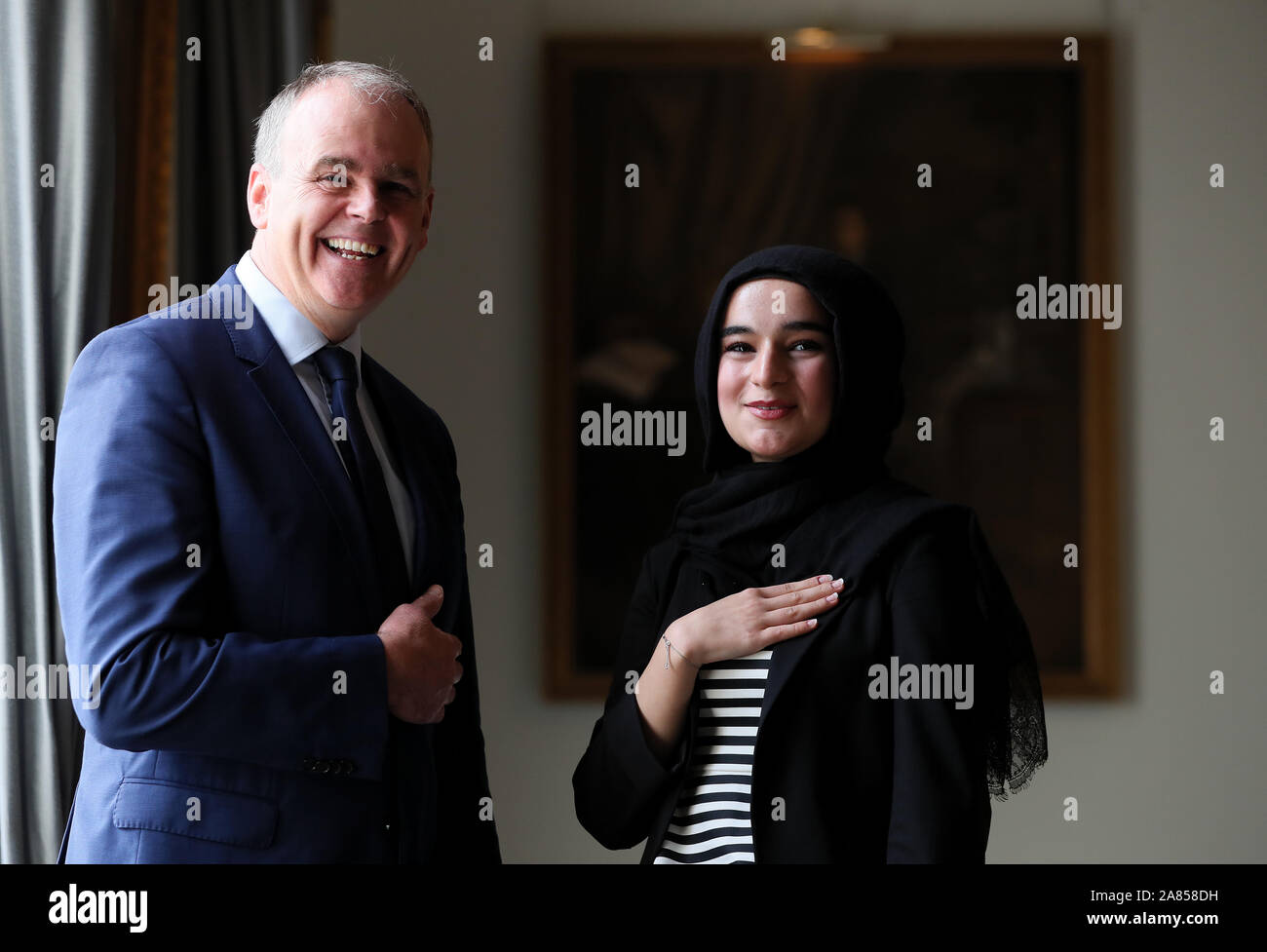 Minister for Education Joe McHugh with RCSI medical student Suaad Alshleh at the Royal College of Surgeons Ireland in Dublin. Suaad was presented with the inaugral Professor William C Campbell Bursary which recognises the work of the Donegal Nobel Prize winner. Stock Photo