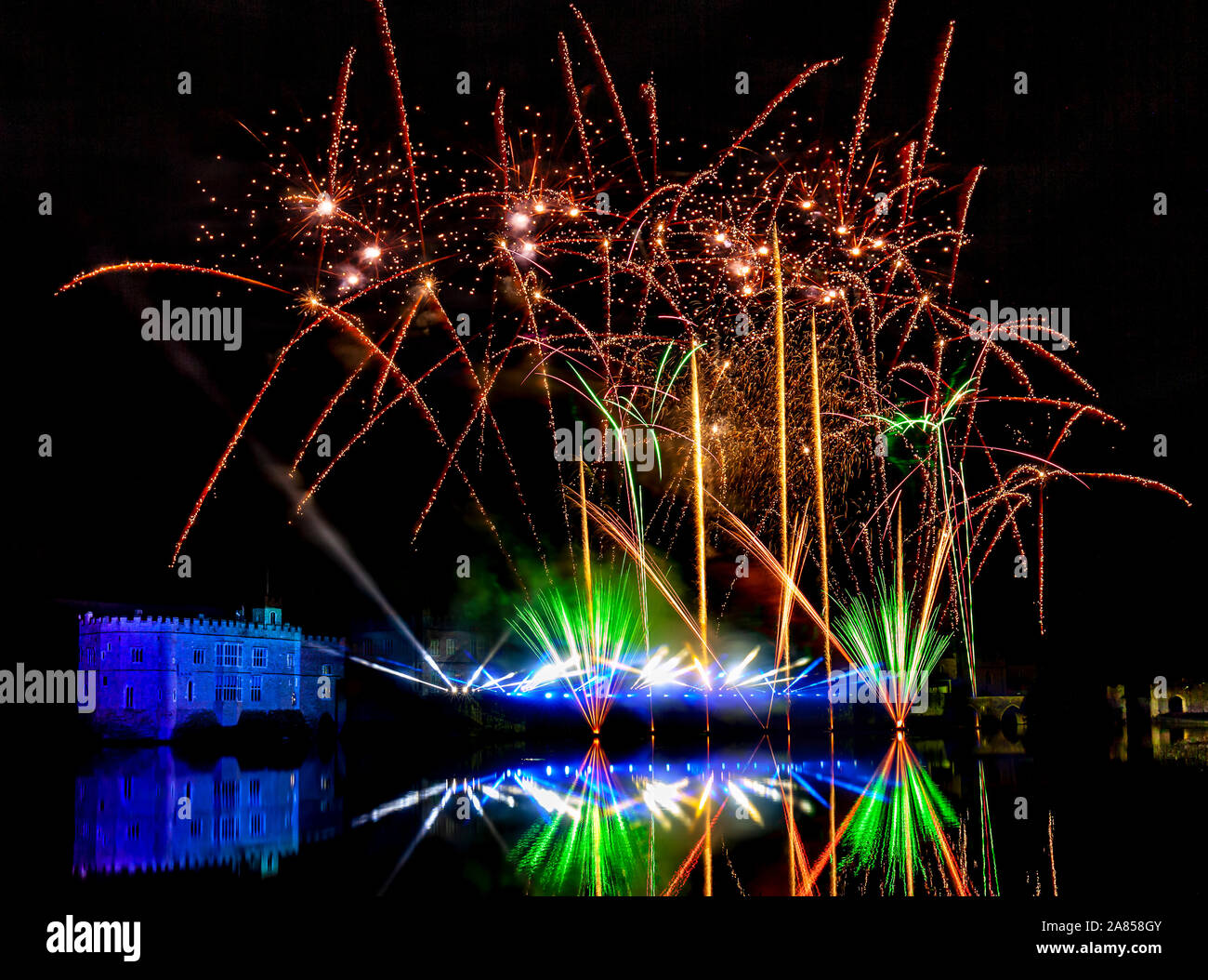 Leeds Castle, Kent, England, UK.  The biggest firework display in the South East of England. Stock Photo